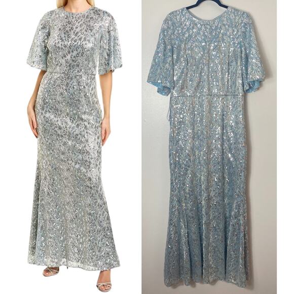 NEW JS COLLECTIONS DRESS 12 GOWN SEQUIN METALLIC BLUE SILVER LONG MAXI TRUMPET - Picture 1 of 15